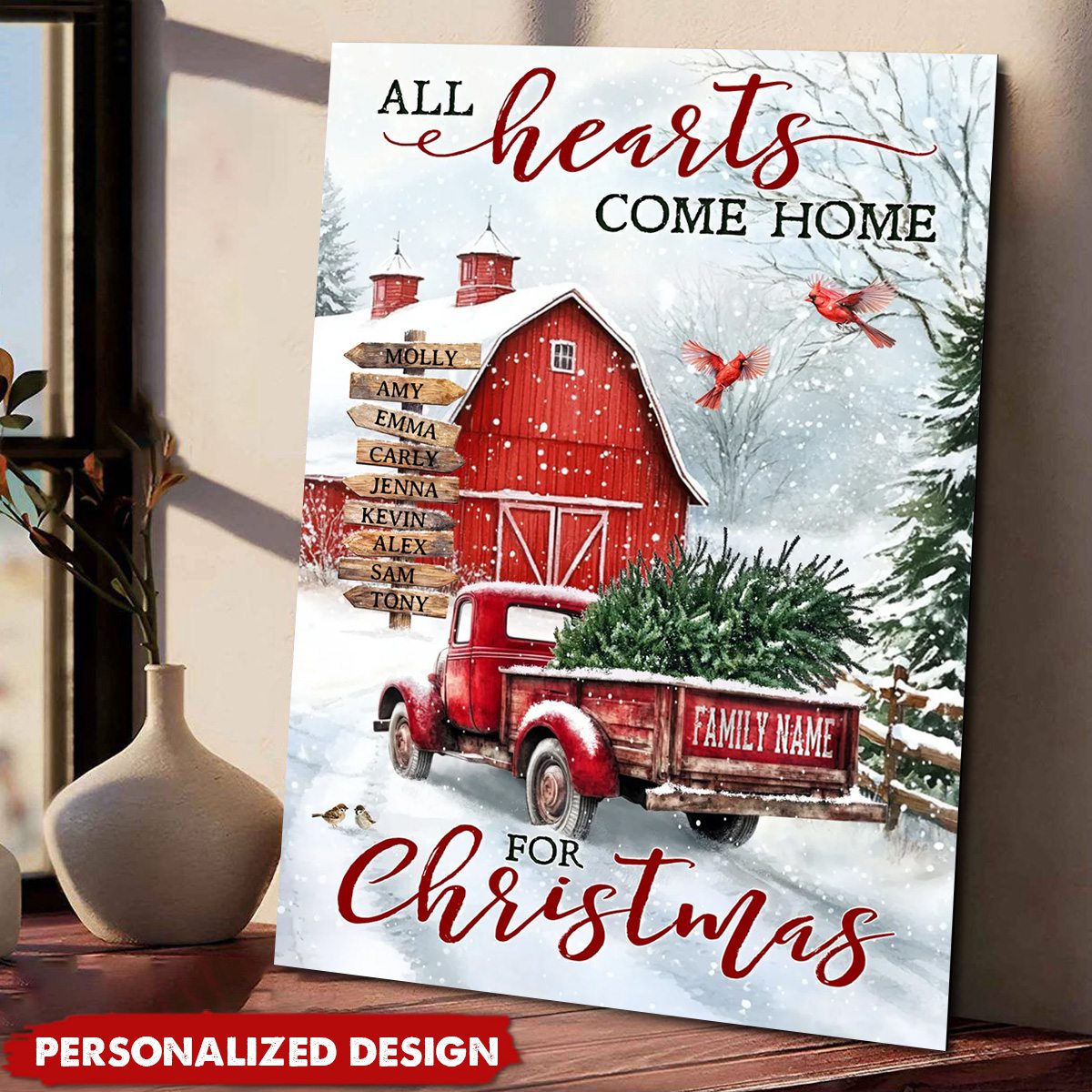 All Hearts Come Home For Christmas - Personalized Customized Farm Red Truck Poster / Canvas