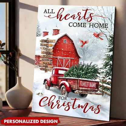 All Hearts Come Home For Christmas - Personalized Customized Farm Red Truck Poster / Canvas