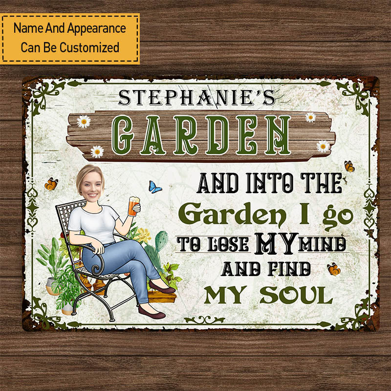 Custom Photo And Into The Garden I Go Gardening Girl - Personalized Custom Classic Garden Metal Signs