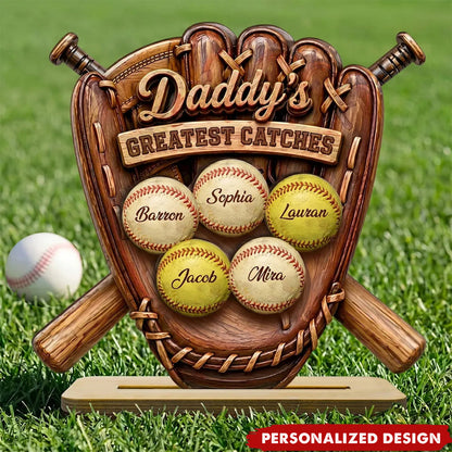 Daddy’s Greatest Catches - Personalized Baseball Wooden Plaque