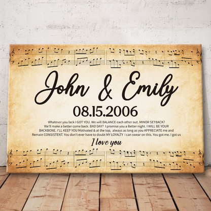 Personalized 'Whatever You Lack I Got You' Music Canvas for Couples