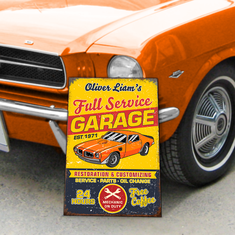 Custom Car Photo Full Service Garage Sign - Personalized Garage Metal Sign