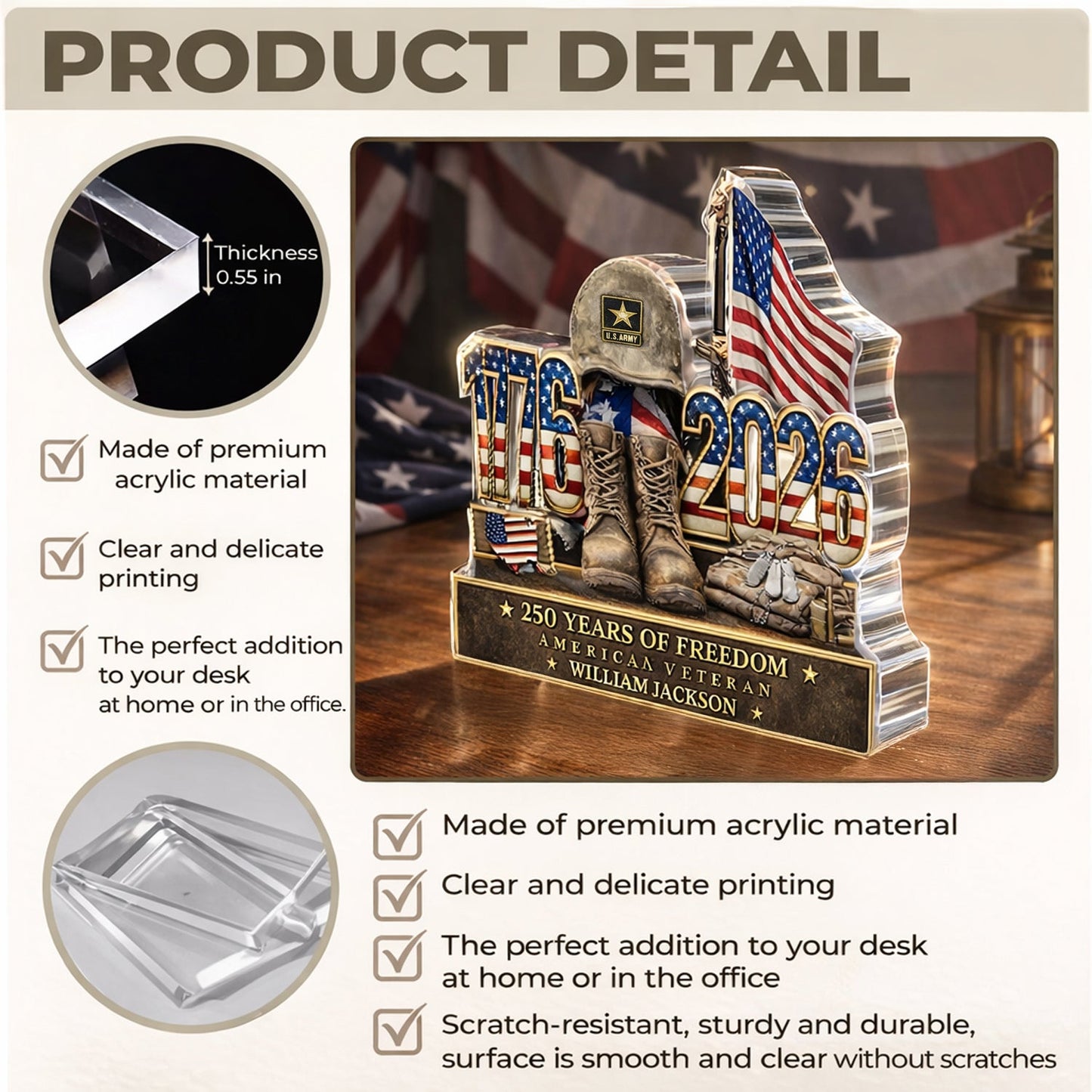 Personalized Military Hero Tribute: 250 Years of Freedom Custom - Personalized Acrylic Block Plaque