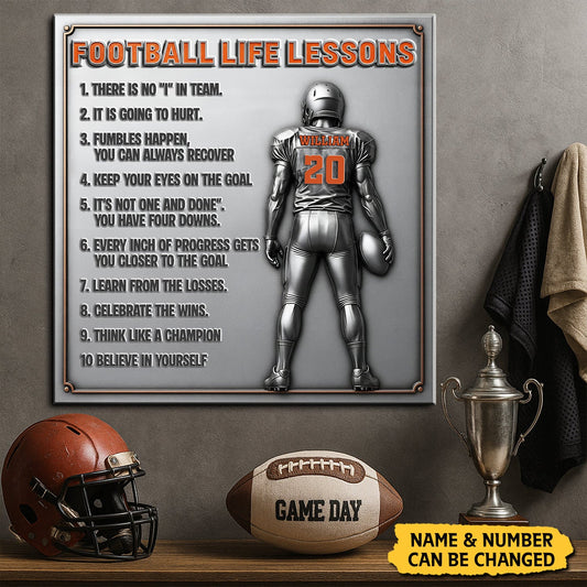Personalized football metal sign featuring life lessons and custom name - unique gift for football players