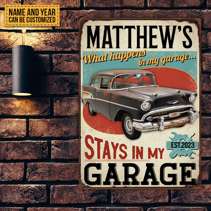 What Happens In My Garage Stays In My Garage - Personalized Custom Classic Metal Signs