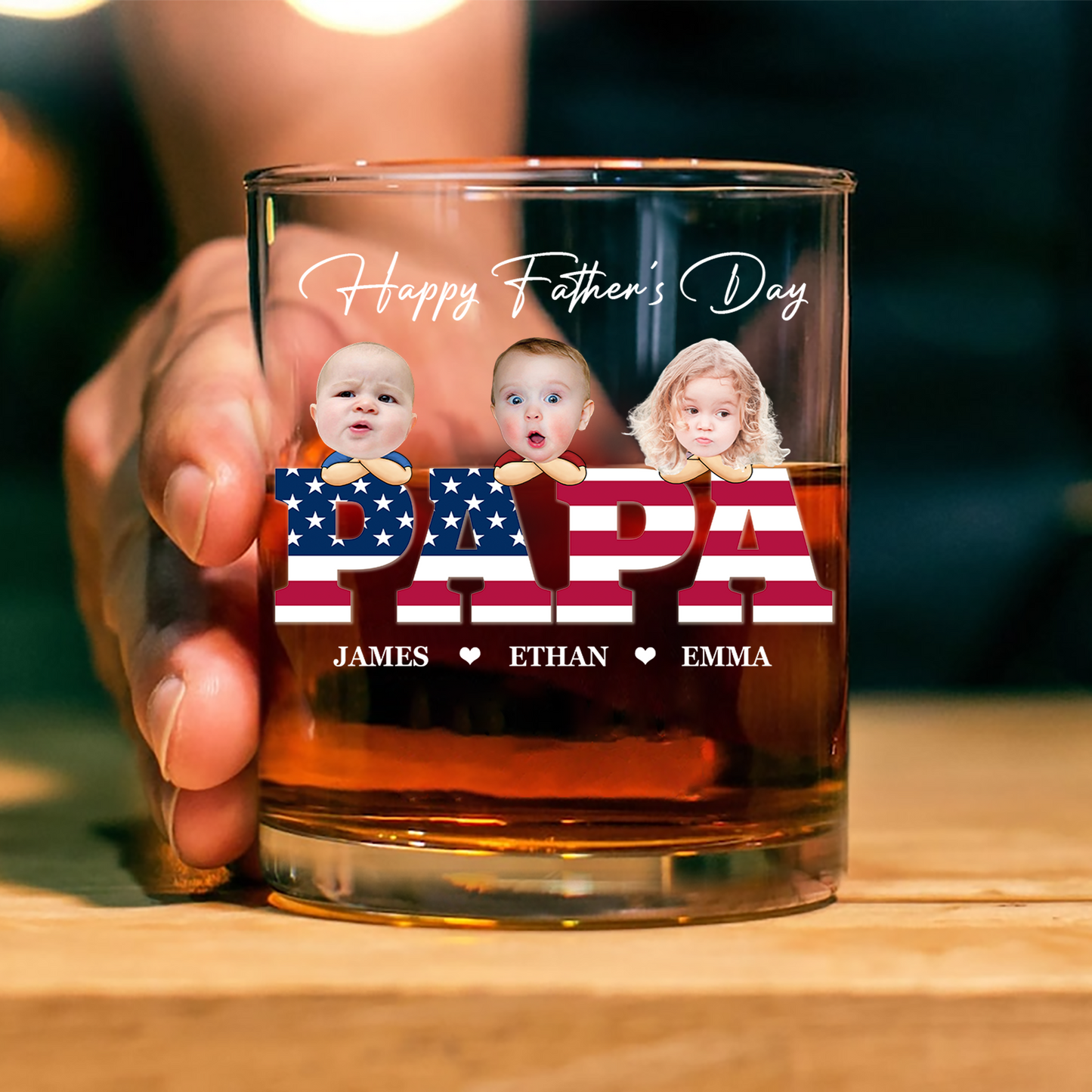 Custom Funny Face & American Flag Whiskey Glass - Father’s Day Gift for Daddy, Grandpa, Uncle