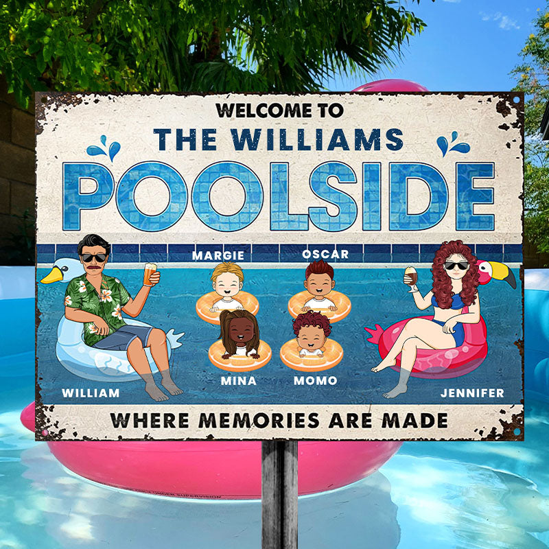 Family Couple Poolside Where Memories Are Made - Gift For Couple - Personalized Custom Classic Metal Signs