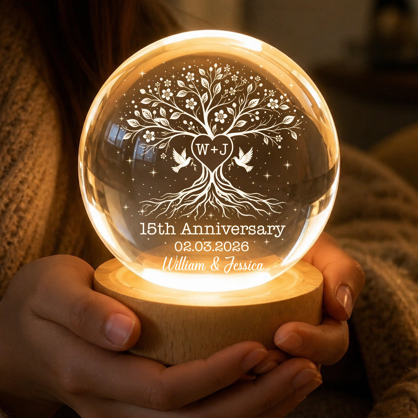 Personalized anniversary crystal ball night light with 3D inner laser engraved tree of love and couple initials image 6