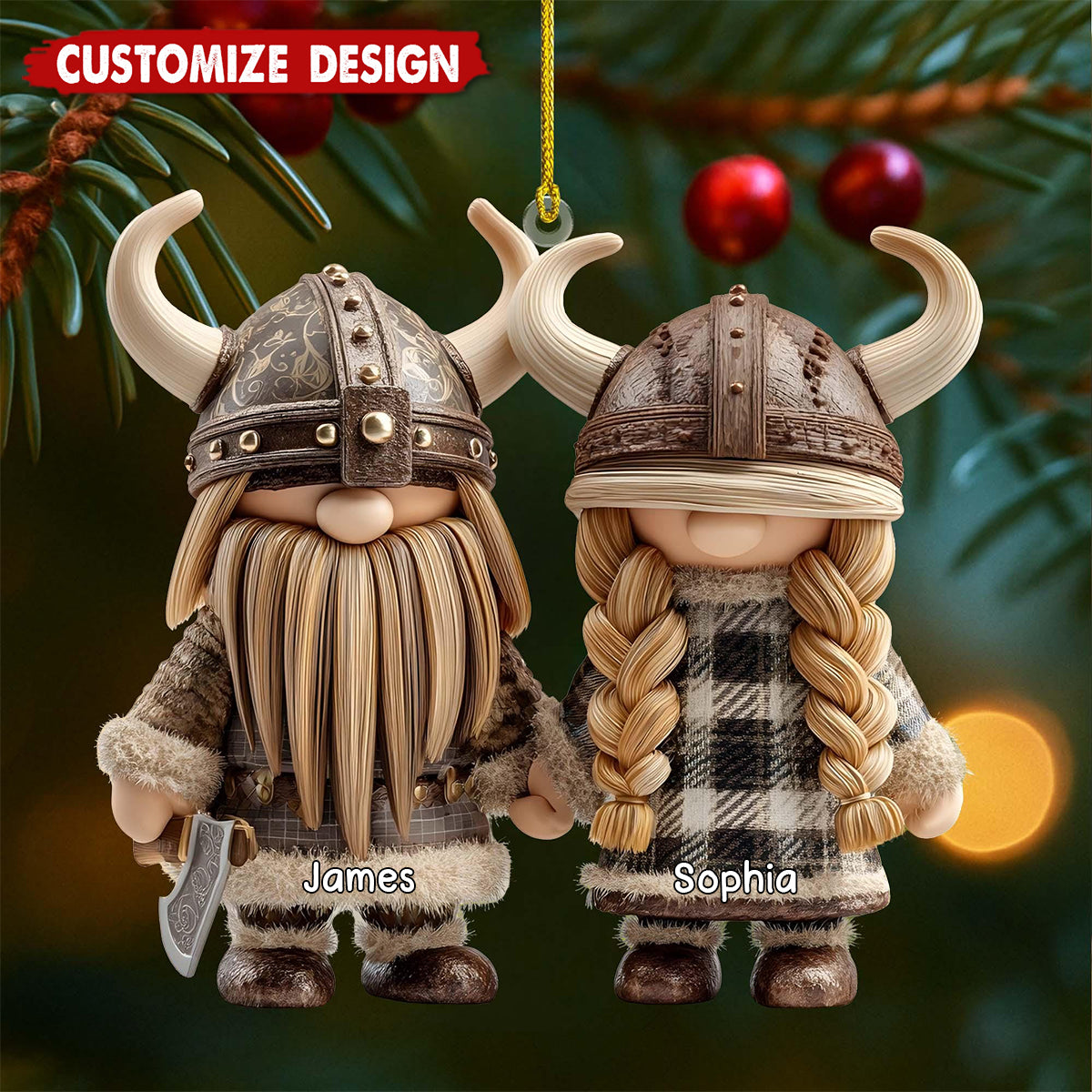 Viking Gnome Couple Personalized Acrylic Ornament - Christmas Gift for Husband & Wife