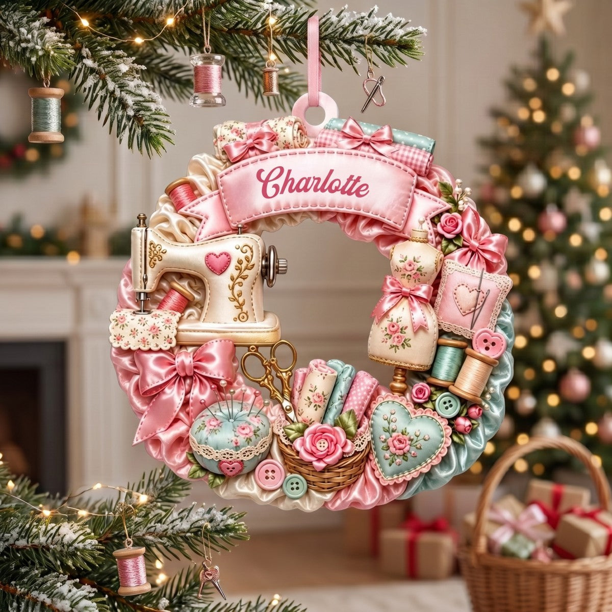 Vintage Sewing Machine Wreath Personalized Wooden Ornament - Custom Name Christmas Keepsake Gift  for Quilters and Crafters