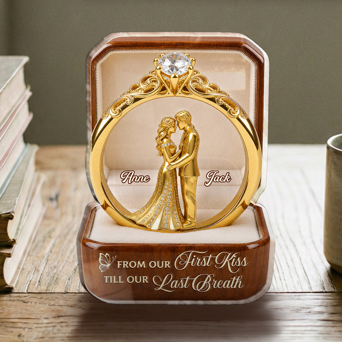 Personalized couple acrylic plaque shaped like a gold diamond ring with a custom name wedding figurine gift image 6