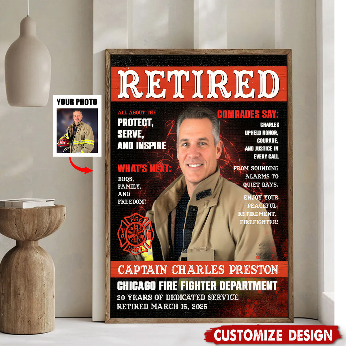 Personalized Firefighter Magazine Cover Poster / Canvas - Custom Gift for Fireman
