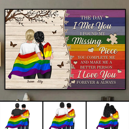 Colorful Wood Pallets The Day I Met You - Personalized LGBTQ Couple Hugging Flag Poster / Canvas