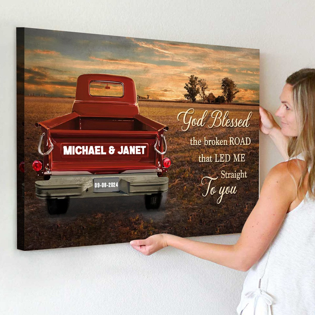Personalized Vintage Truck Canvas - God Blessed the Broken Road - High-quality Decoration