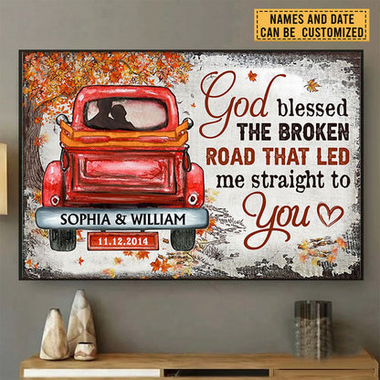 Personalized God Blessed The Broken Road Fall Leaves Custom Poster / Canvas - Gift For Husband Wife