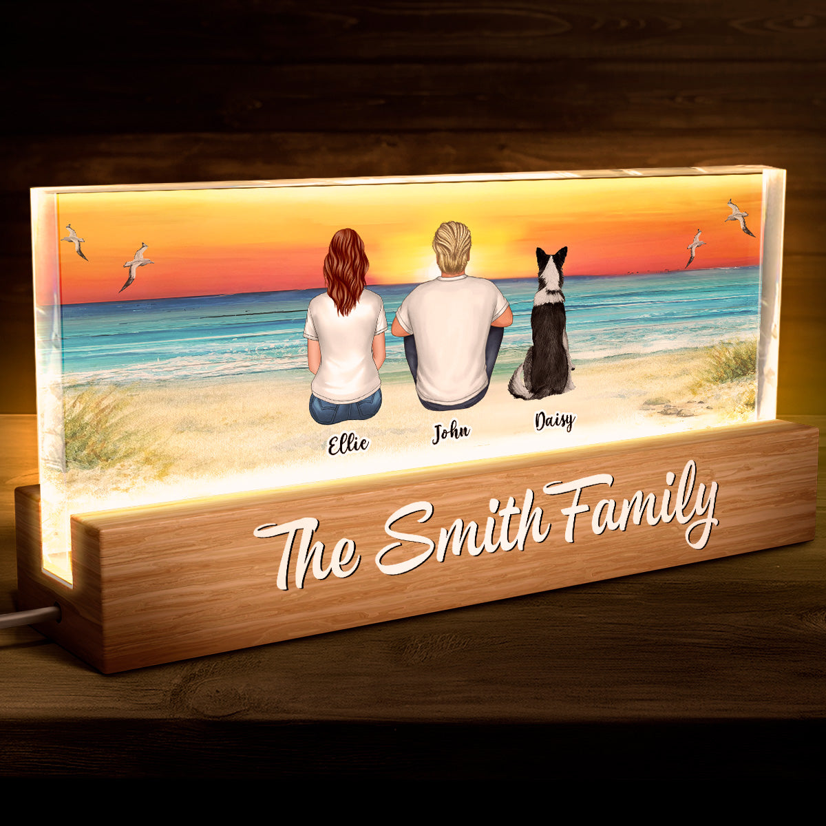 Family Sitting Beach Landscape - Customized Personalized Acrylic LED Night Light - Gifts For Family