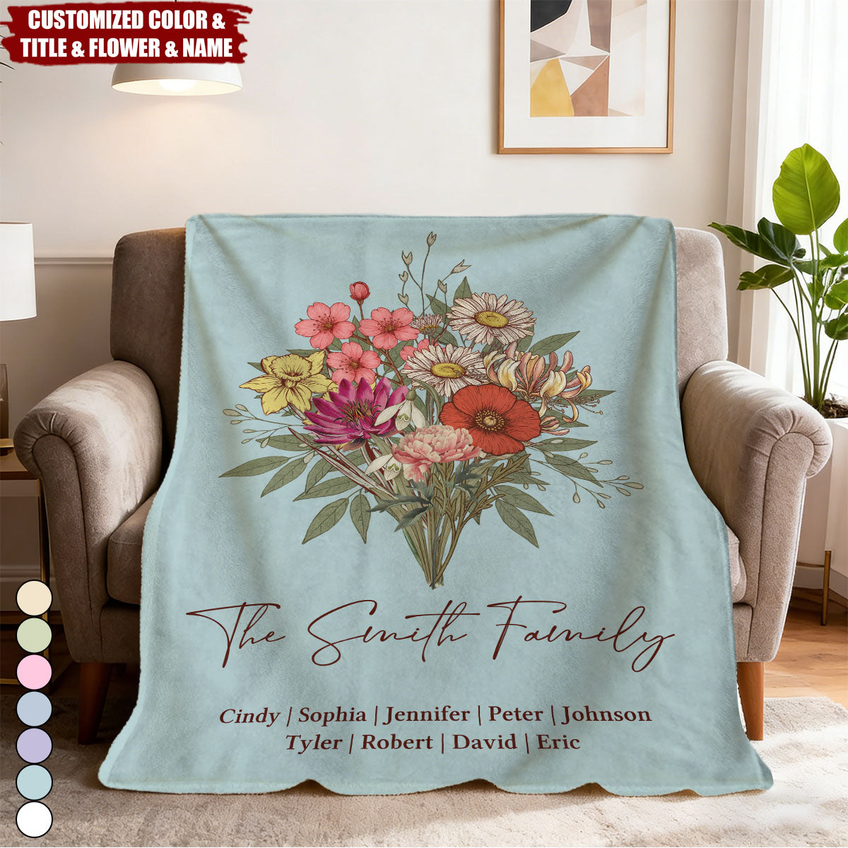 Personalized Family Boho Birth Flower Bouquet Flowers Blanket - Gift For Mom, Grandma, Family