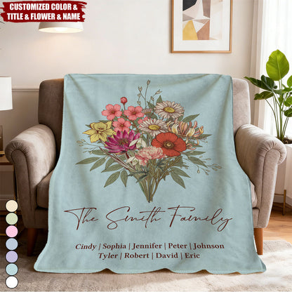 Personalized Family Boho Birth Flower Bouquet Flowers Blanket - Gift For Mom, Grandma, Family