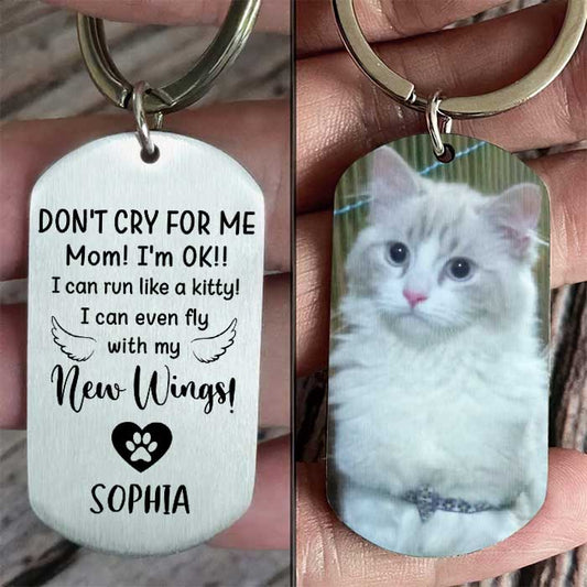 Custom pet memorial keychain with a dog photo and Don't Cry For Me I'm OK quote gift for pet loss