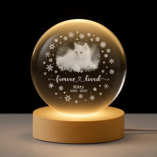Personalised Forever Loved Cat Photo Memorial Crystal Ball Lamp - Custom Pet Loss Sympathy Gift