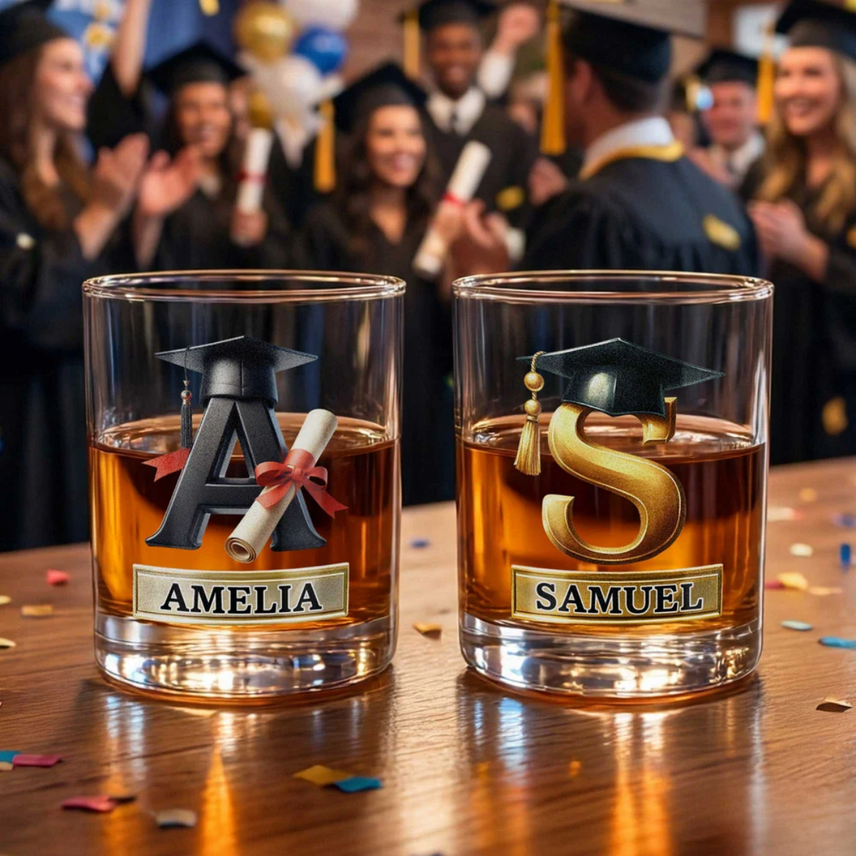 Personalized Graduation Cap Initial Whiskey Glass - Gift For Graduates & Whiskey Lovers