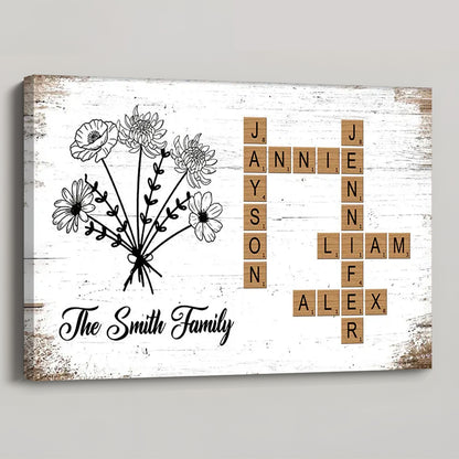 Family Bloom Puzzle: Personalized Poster / Canvas - Birth Flower Crossword Art for Loved Ones
