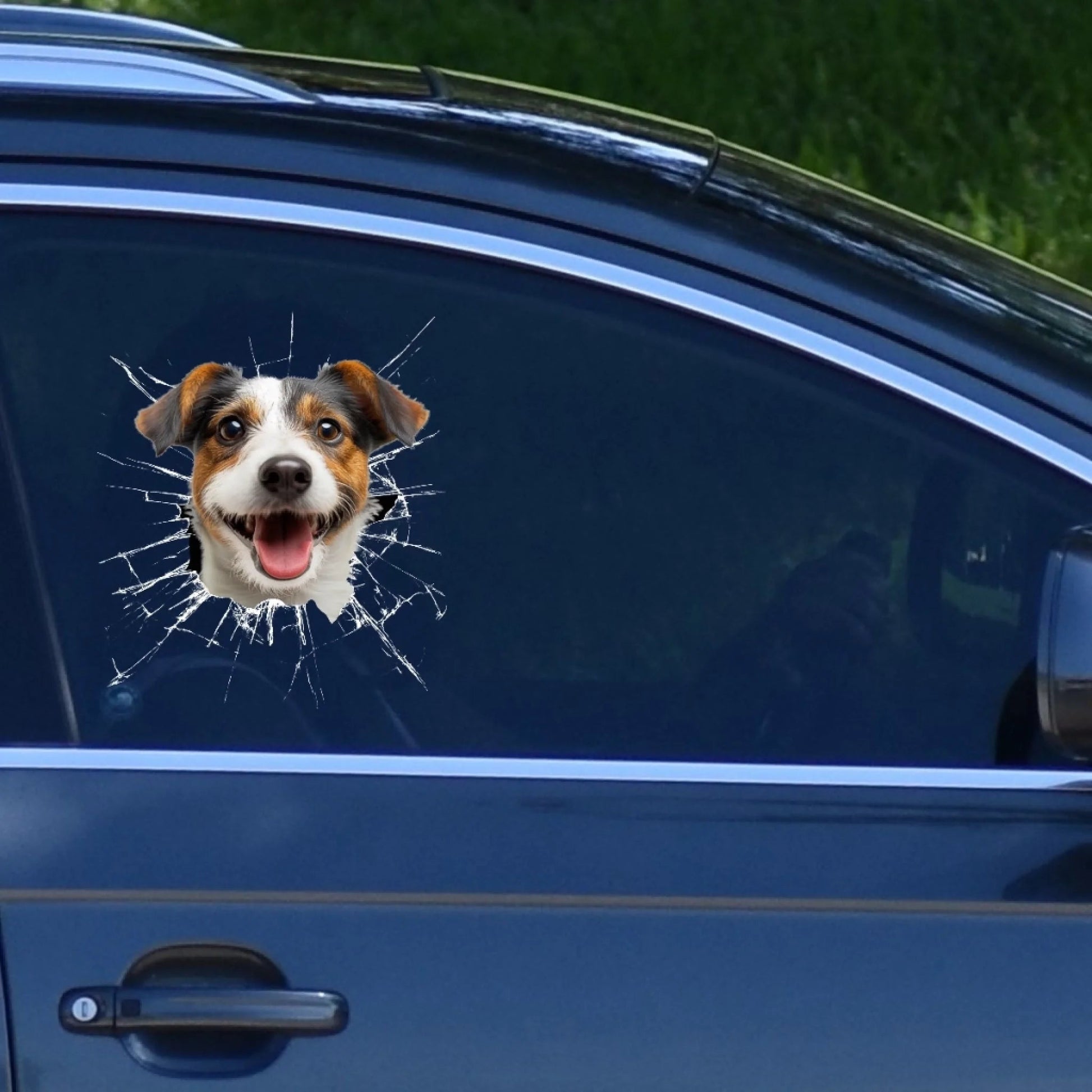 Decal / Sticker material and size view - Custom Pet Photo Cracked Glass Car Decal