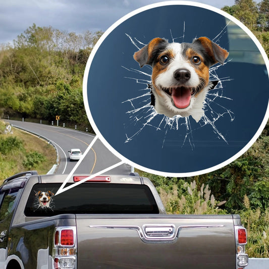 Custom pet photo cracked glass car decal showing a happy dog popping through a realistic 3D window crack effect