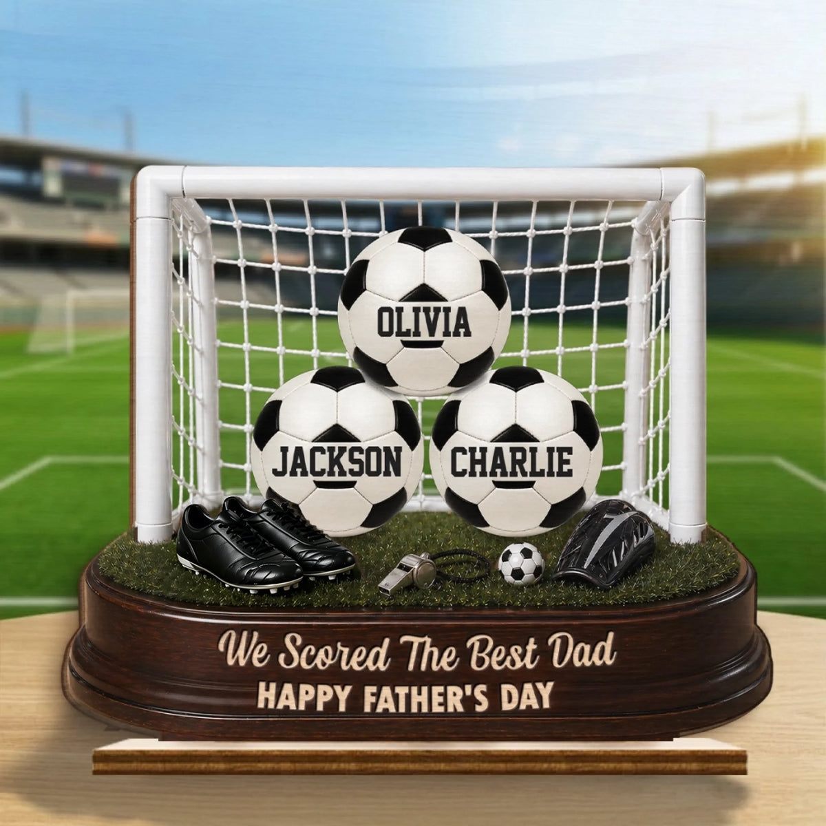 Personalized Soccer Dad Plaque with custom kids names on soccer balls in a goal - perfect Father's Day gift
