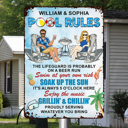 Pool Rules Enjoy The Music Grilling And Chilling - Personalized Custom Couples Metal Sign