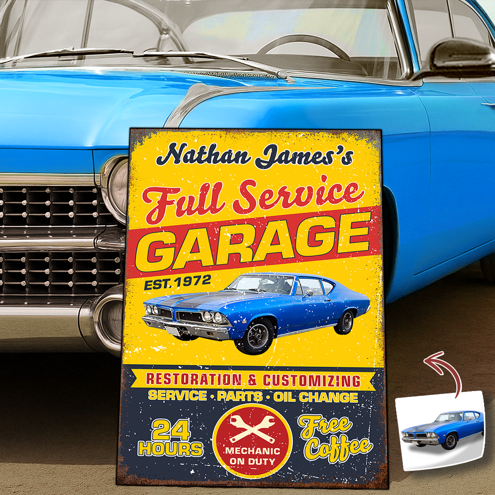 Custom Car Photo Full Service Garage Sign - Personalized Garage Metal Sign