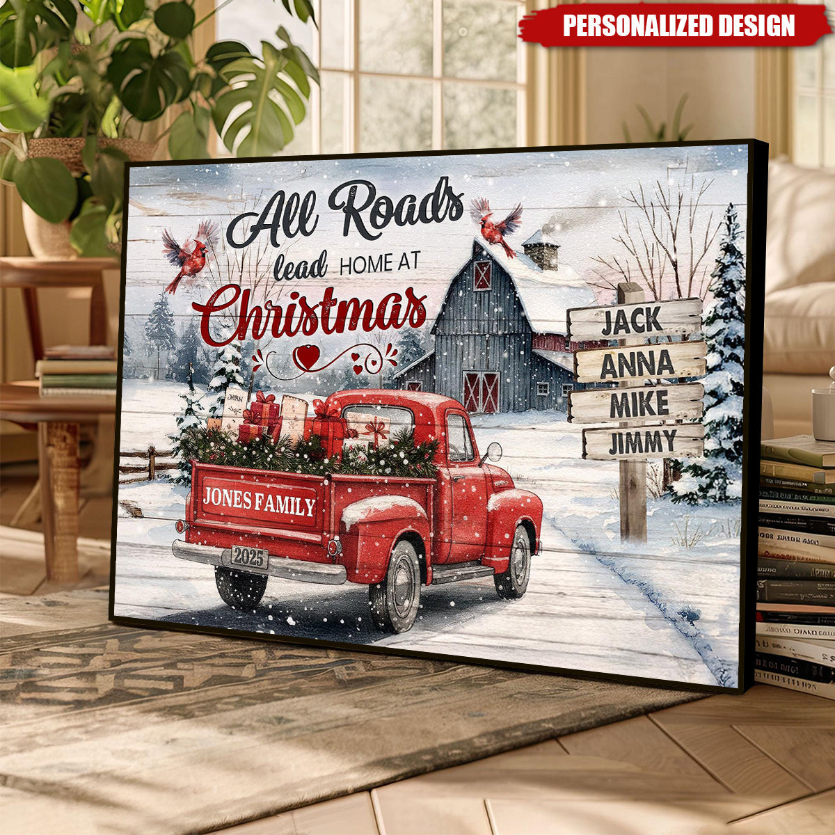 All Roads Lead Home at Christmas-Personalized Red Truck Christmas Family Canvas