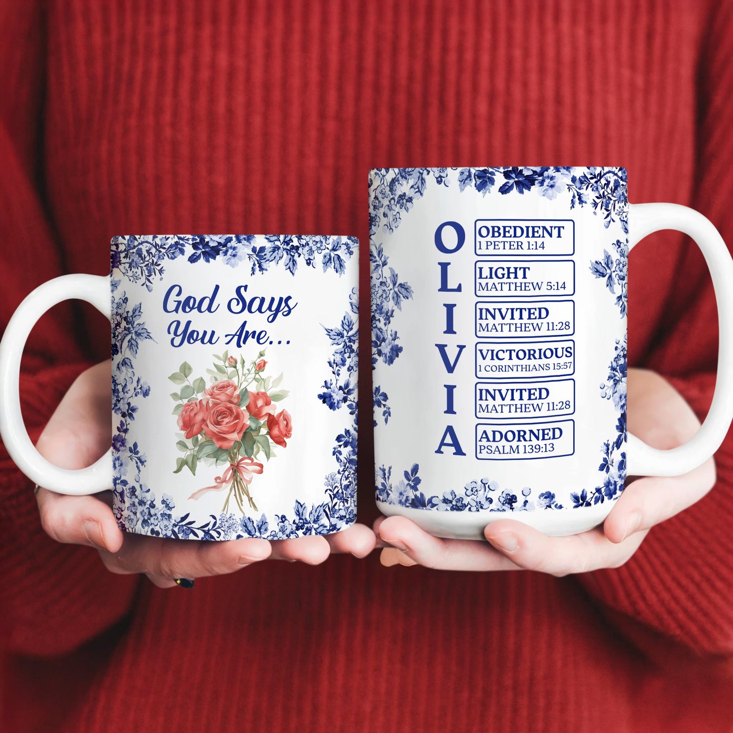 Personalized “God Says I Am” Mug - Custom Name Toile De Jouy Style