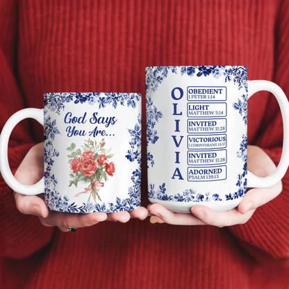 Personalized “God Says I Am” Mug - Custom Name Toile De Jouy Style