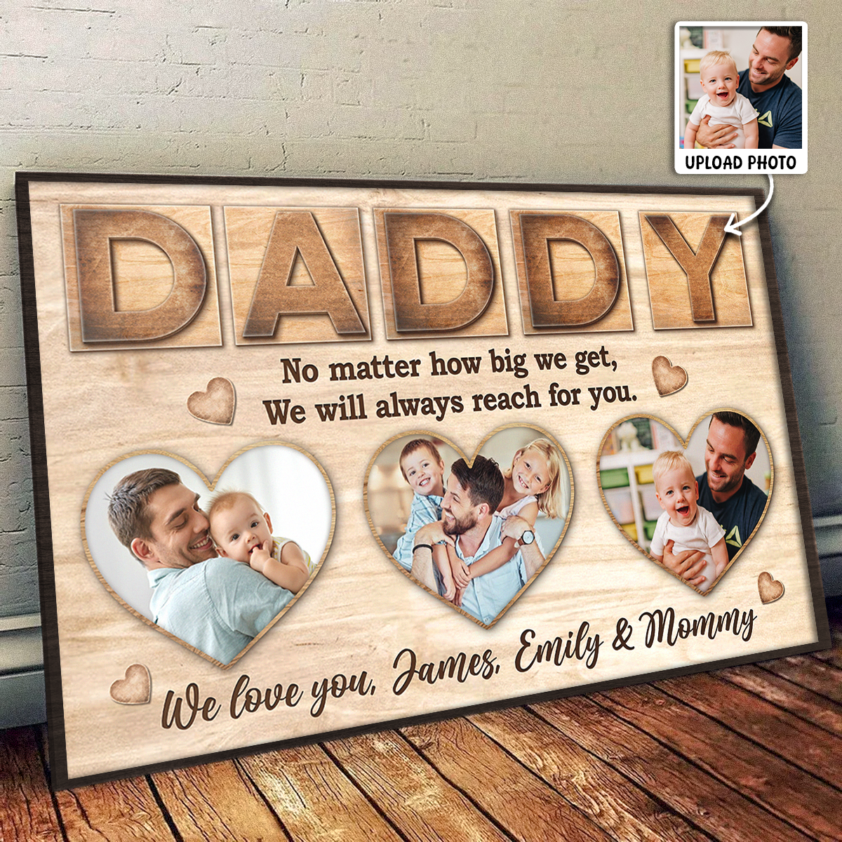 Personalized dad photo canvas wall art with three heart-shaped family pictures and custom names image 6
