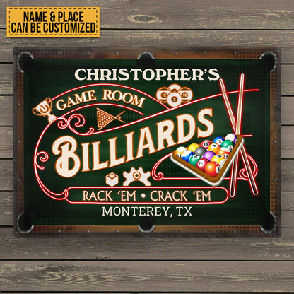 Billiards Game Room Neon - Personalized Custom Classic Metal Signs