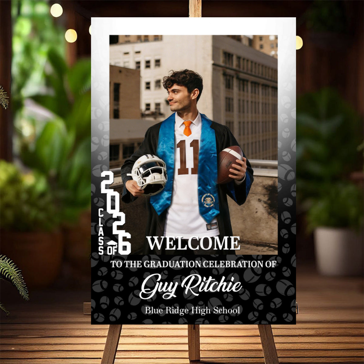 Personalized graduation welcome sign canvas featuring a student athlete with a football and helmet image 8