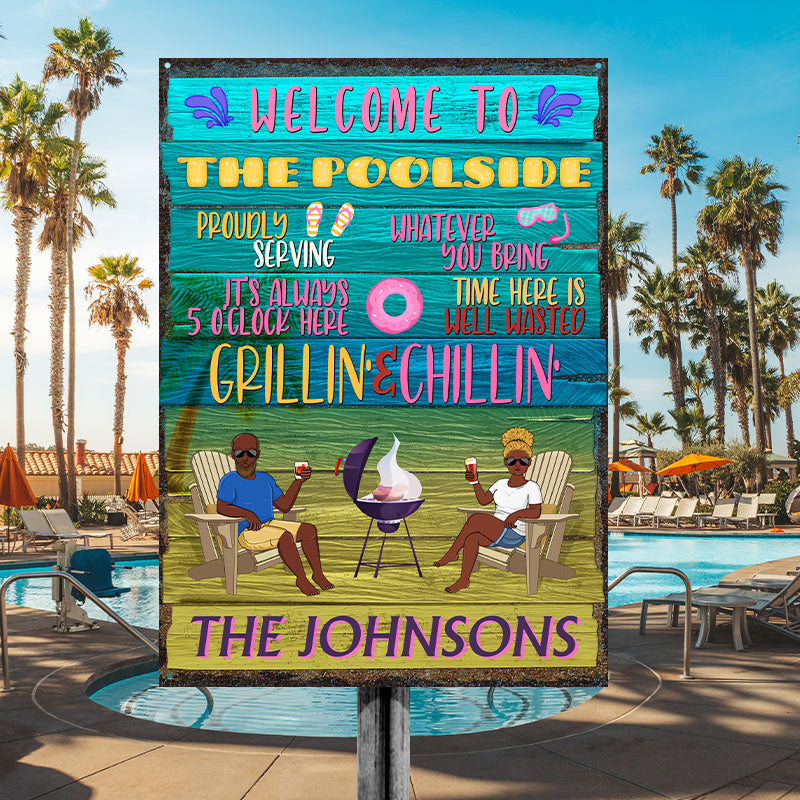 Poolside Proudly Serving Whatever You Bring Husband Wife Couple - Pool Sign - Personalized Custom Classic Metal Signs