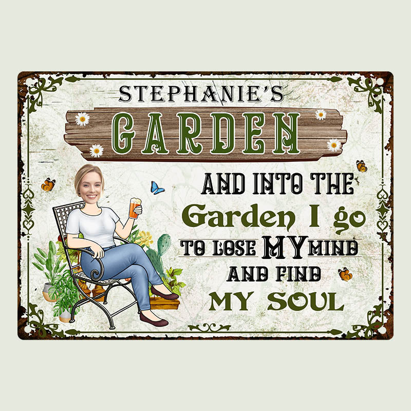 Custom Photo And Into The Garden I Go Gardening Girl - Personalized Custom Classic Garden Metal Signs