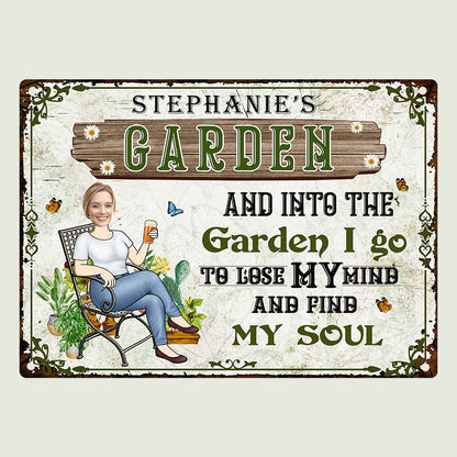 Custom Photo And Into The Garden I Go Gardening Girl - Personalized Custom Classic Garden Metal Signs