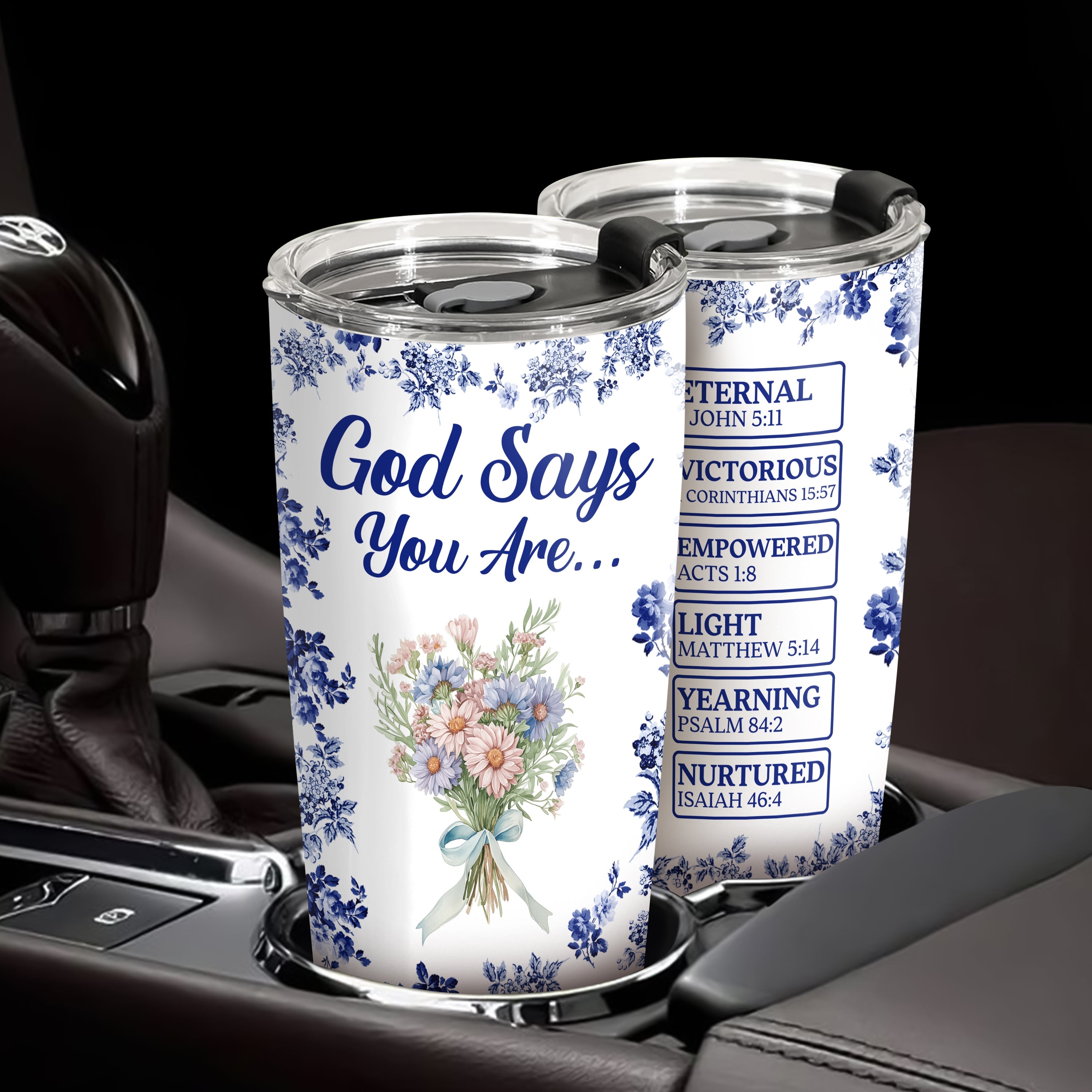 Personalized “God Says I Am” Tumbler - Custom Name Toile De Jouy Style