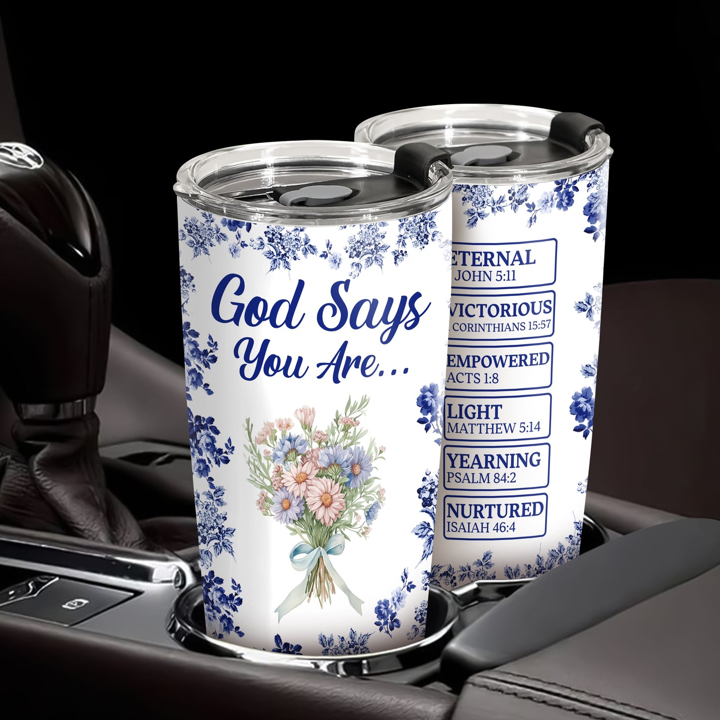 Personalized “God Says I Am” Tumbler - Custom Name Toile De Jouy Style