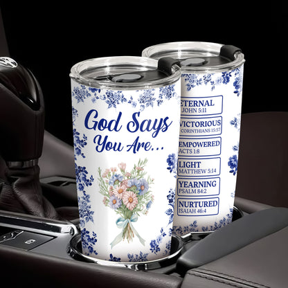 Personalized “God Says I Am” Tumbler - Custom Name Toile De Jouy Style