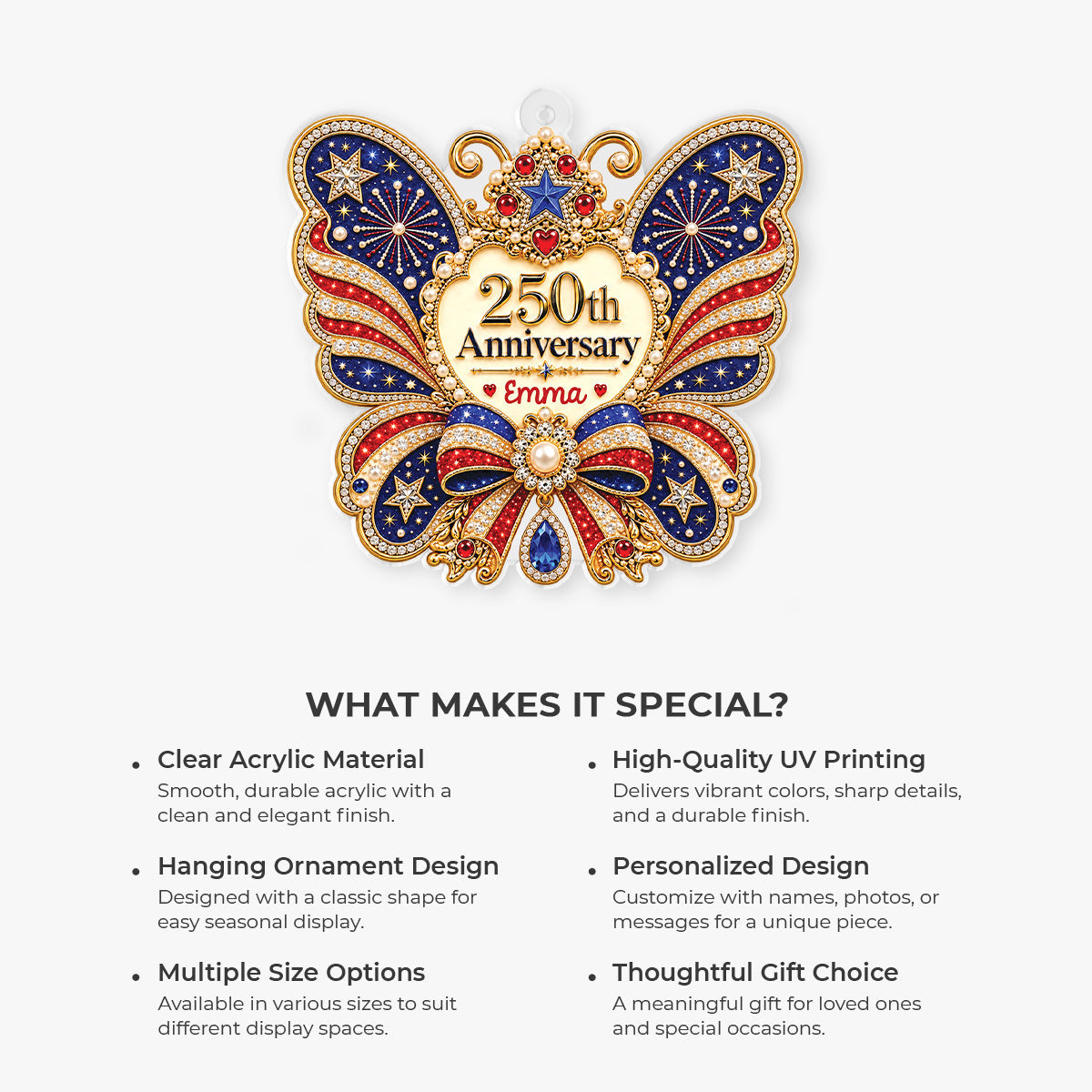 USA 250th Anniversary Butterfly Custom Acrylic Ornament - Personalized Christmas Keepsake Gift