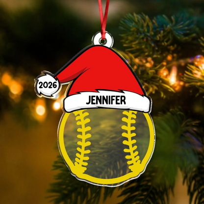 Custom Sports Santa Hat Acrylic Ornament - Personalized Baseball & Volleyball Christmas Keepsake Gift