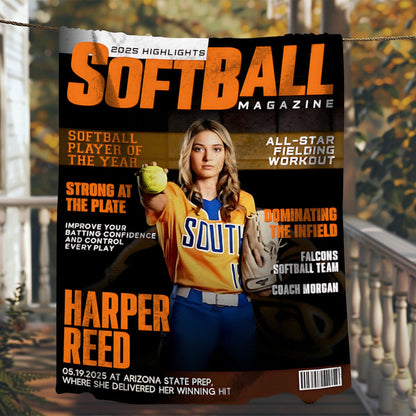 Personalized Softball Magazine Cover Blanket - Custom Player Gift