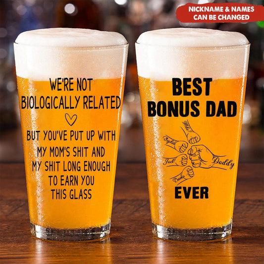 Personalized Bonus Dad Beer Glass with custom kids names and fist bump design for stepdads