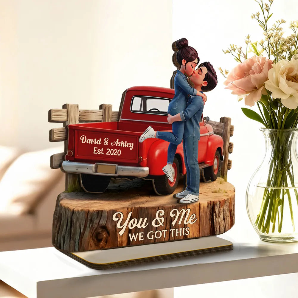 Kissing Couple in Red Pickup Truck - Personalized Wooden Plaque