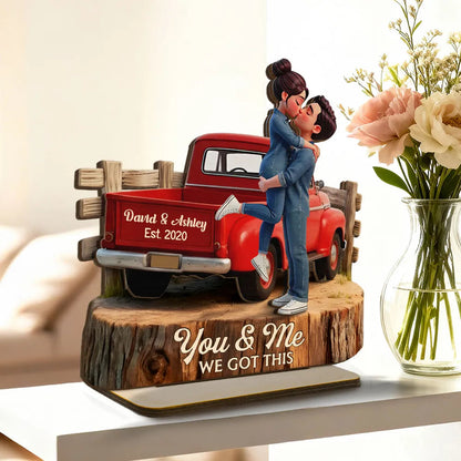 Kissing Couple in Red Pickup Truck - Personalized Wooden Plaque