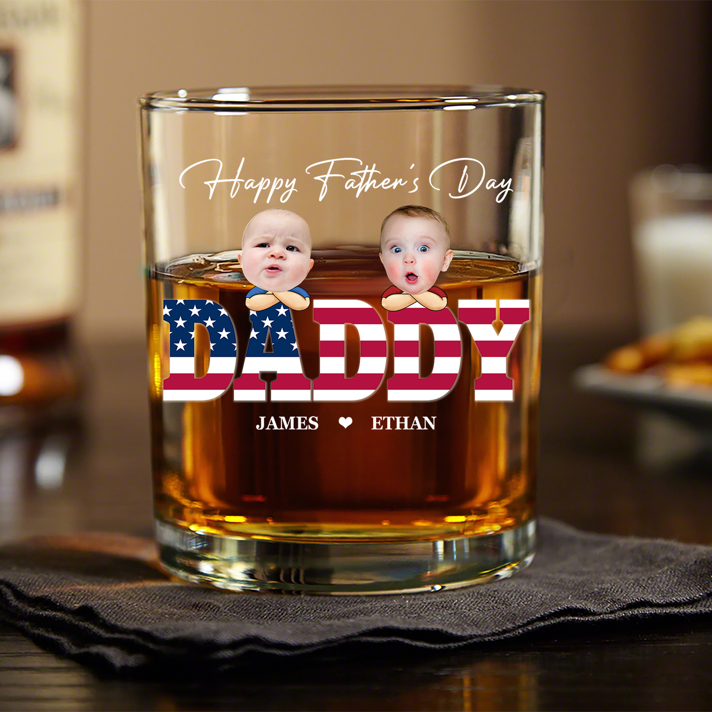 Custom Funny Face & American Flag Whiskey Glass - Father’s Day Gift for Daddy, Grandpa, Uncle